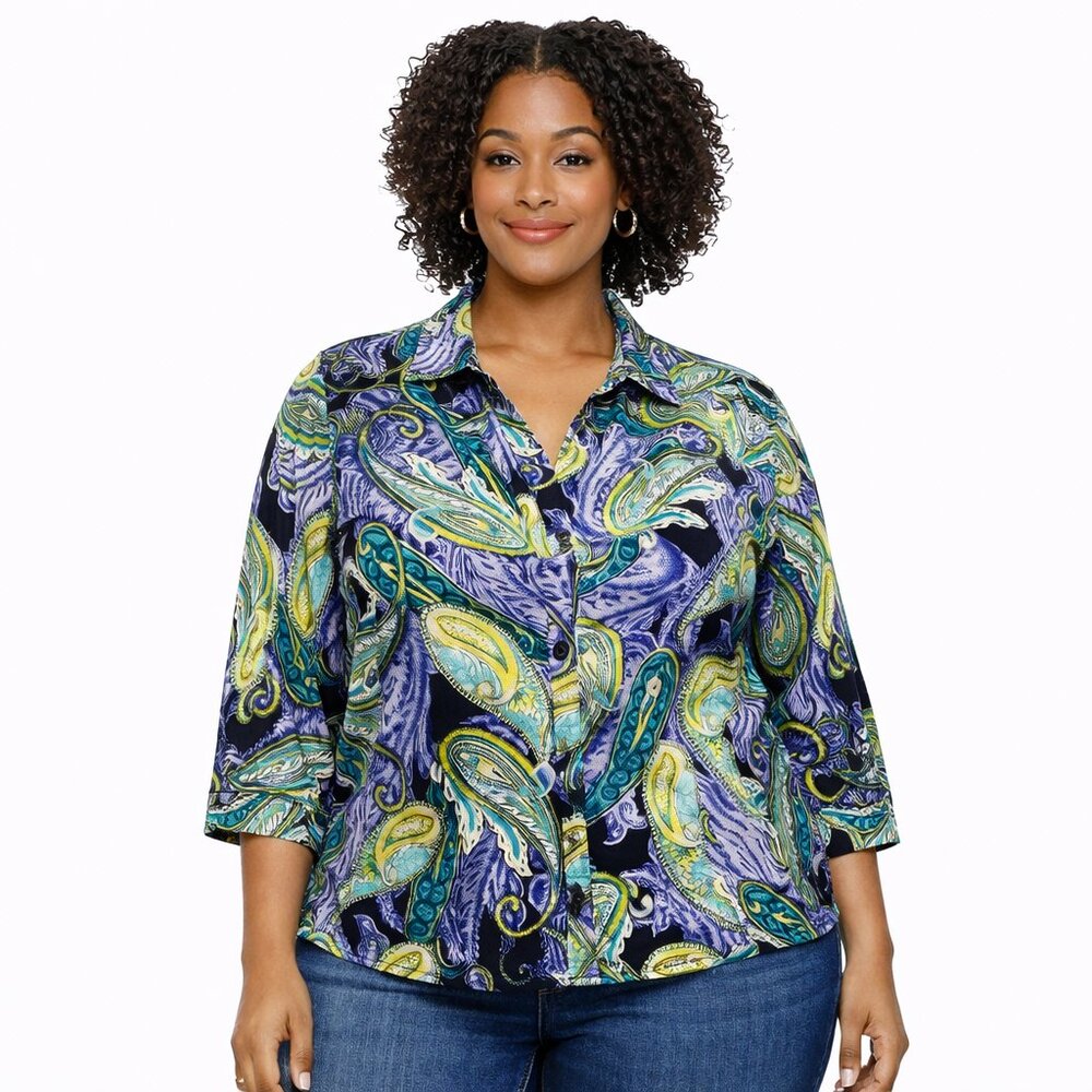 212 Collection Blue & Green Paisley Blouse | Plus Size 1X | Button-Front Top